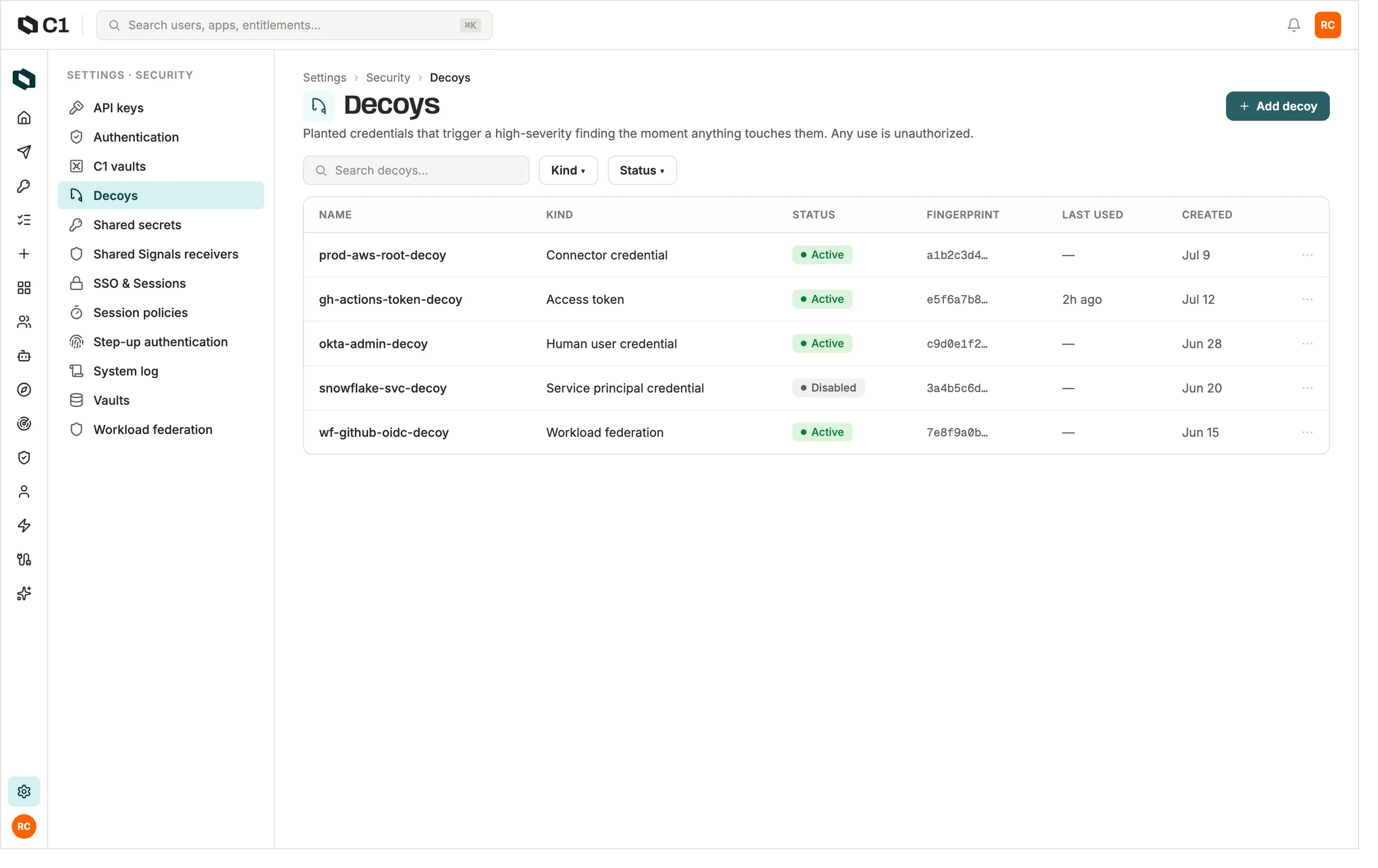 A list of planted decoy credentials, each with the location it was placed and its fingerprint